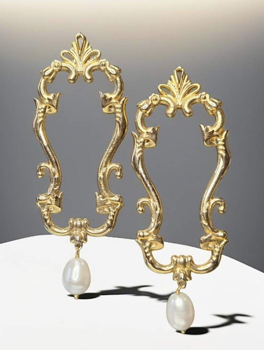 18k Gold Plated Artisan French Architectural Freshwater Pearl Statement Earrings